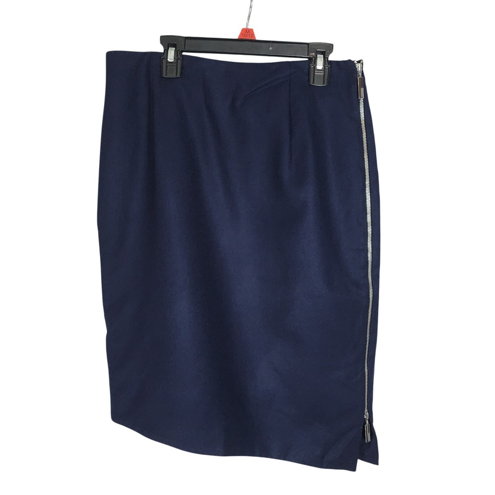 SIMPLE Size 38 Navy 100% Virgin Wool Asymmetrical Full Side Zip Lined Skirt EUC